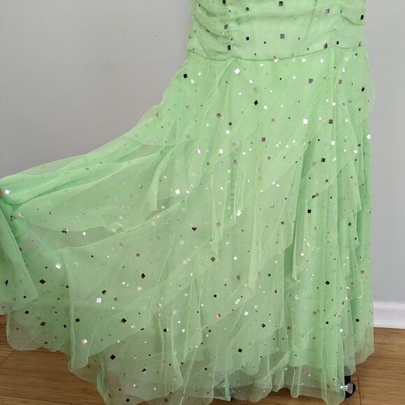 Papell Prom Dress Maxi Gown 10 Green Fairy Y2K Mermaid Tulle Glam Sequin NWT - Picture 2 of 11